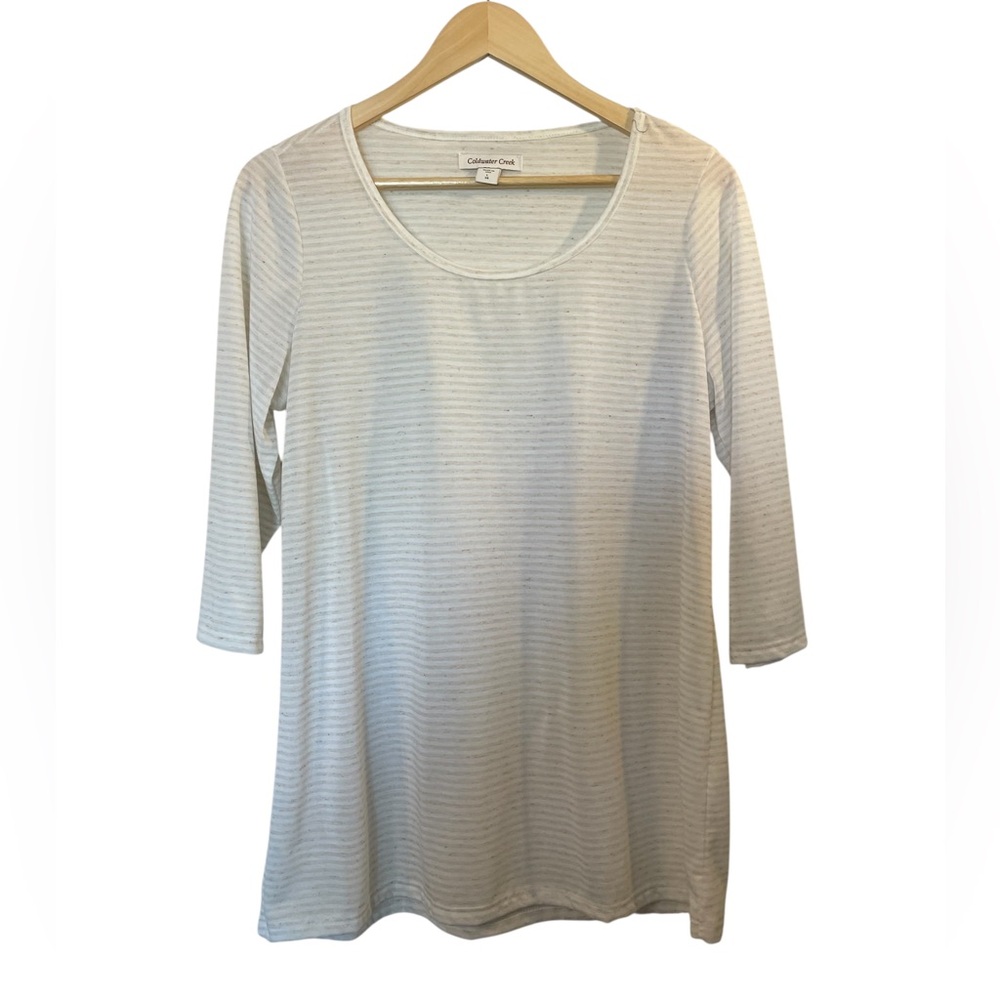 COLDWATER CREEK White/Beige Striped 3/4 Sleeve Knit Top Shirt - Sz Large (14)